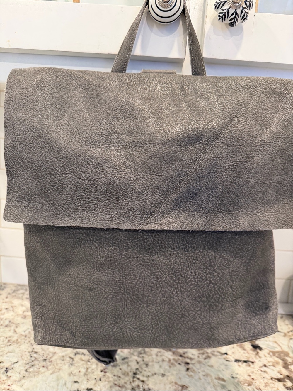 Eileen Fisher Gray Fold-Over Leather Backpack - Picture 7 of 15